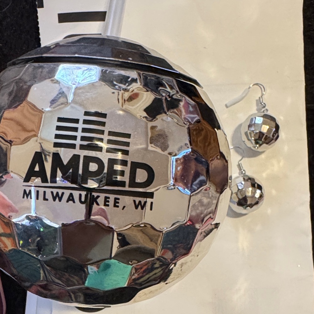 Amped Silver Disco Ball Tumbler with Straw and Earrings Set